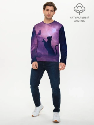 Мужской лонгслив базовый / Бабочка кот силуэт фиолетовый