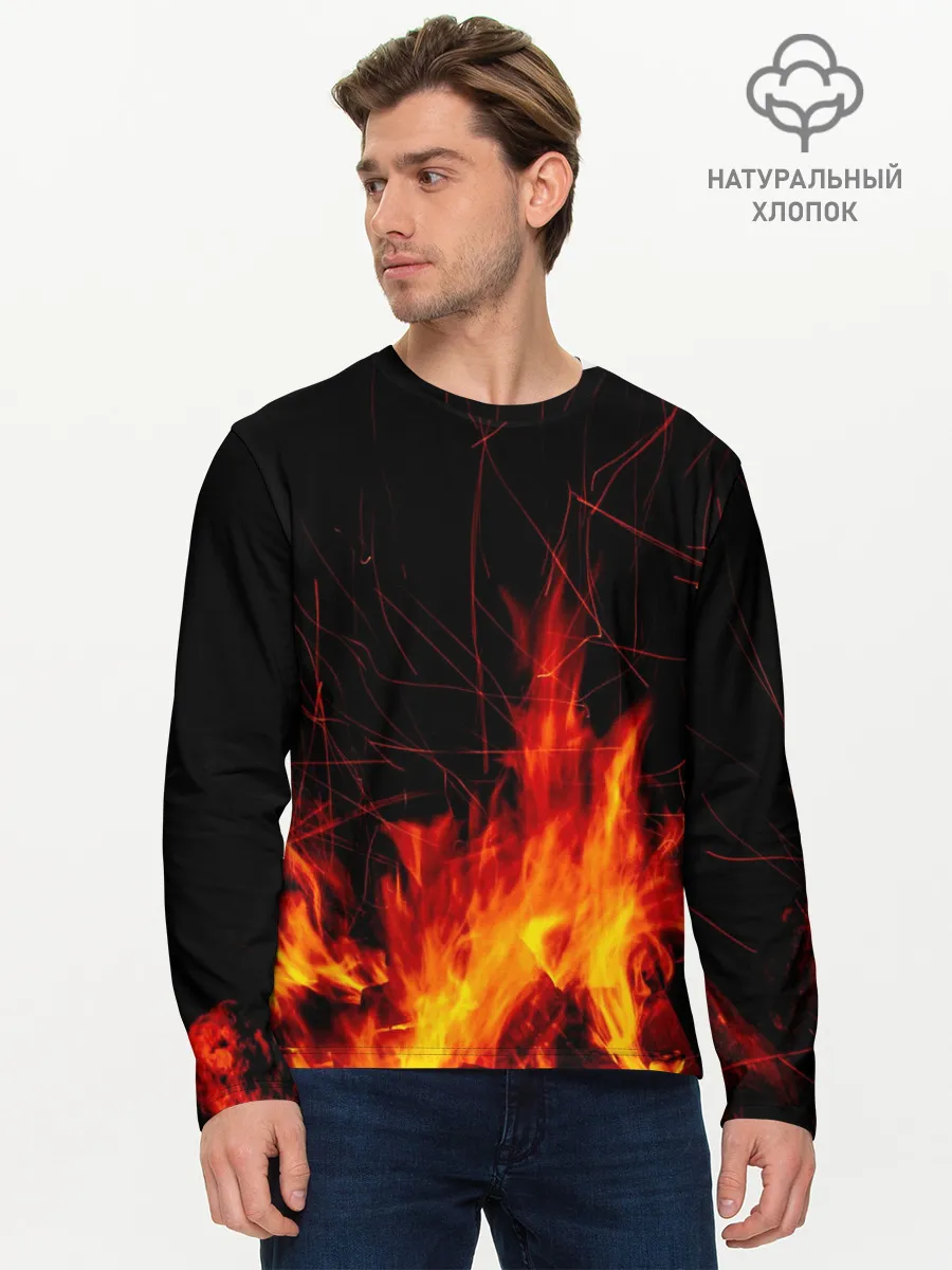 Мужской лонгслив базовый / Ночной костер в лесу