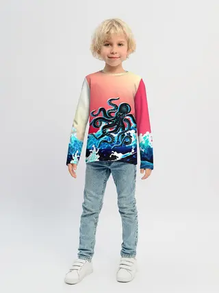Детский лонгслив / Кракен в Море | Градиент