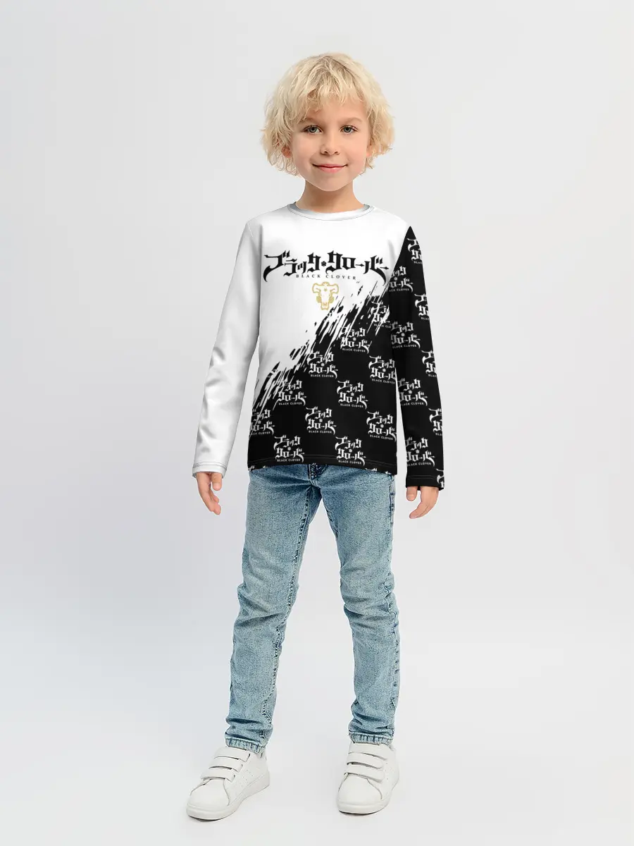 Детский лонгслив / Чёрный клевер черно-белый разрыв