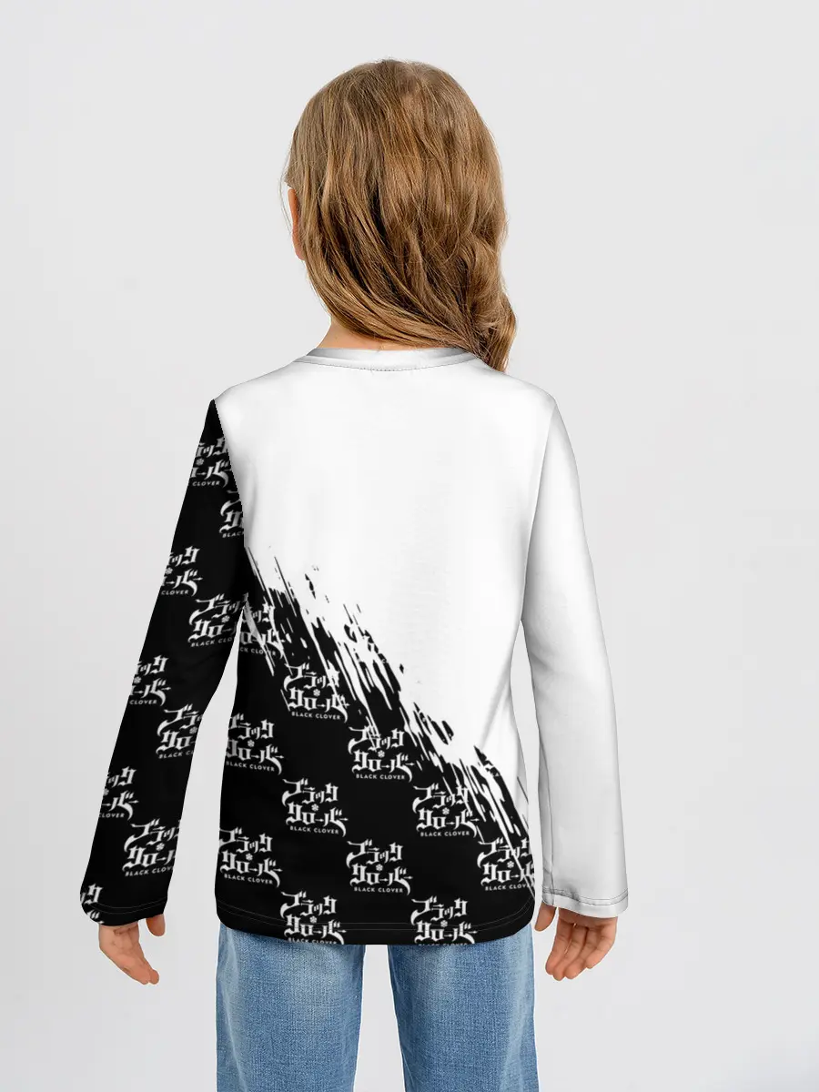 Детский лонгслив / Чёрный клевер черно-белый разрыв