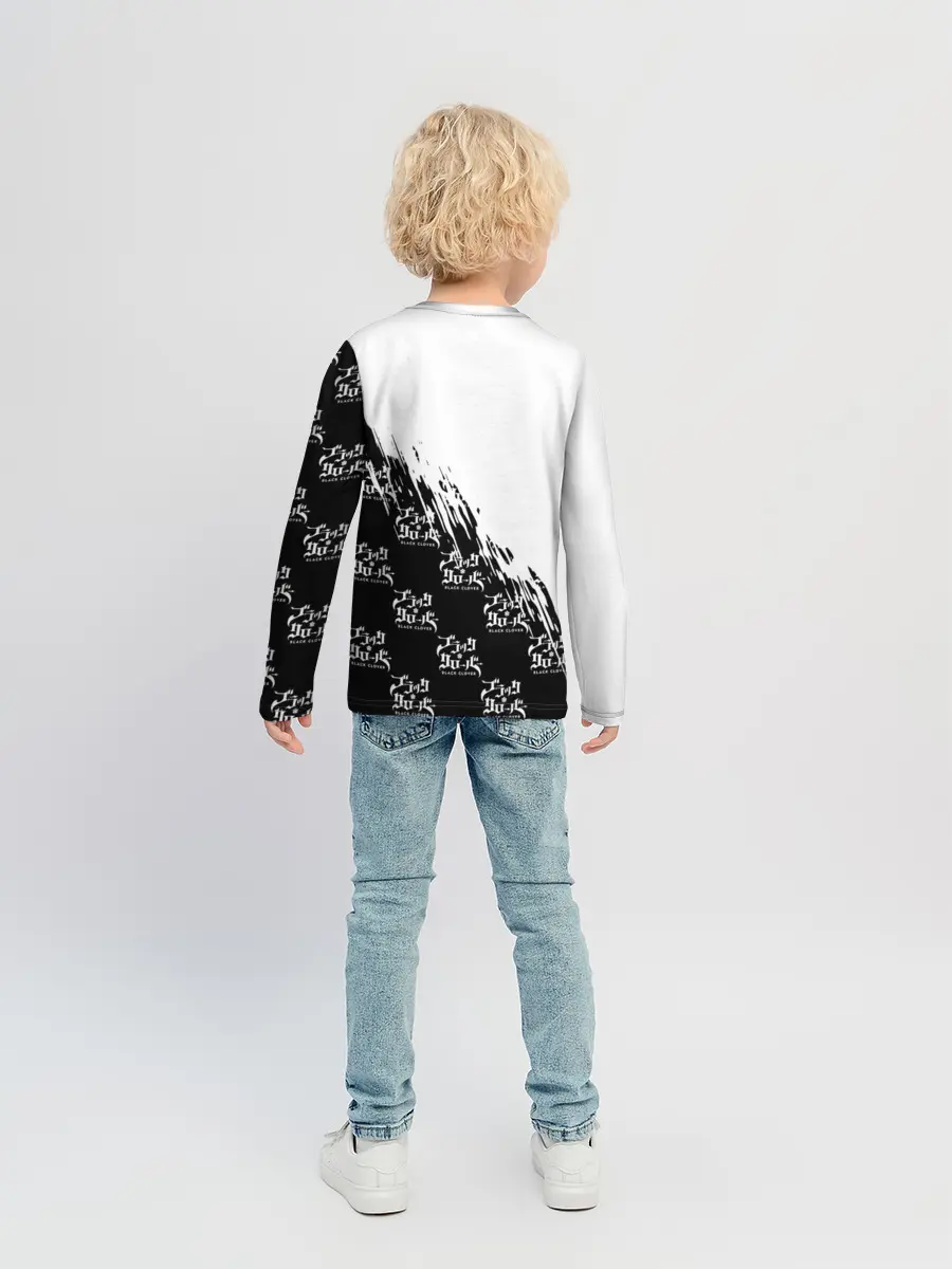 Детский лонгслив / Чёрный клевер черно-белый разрыв