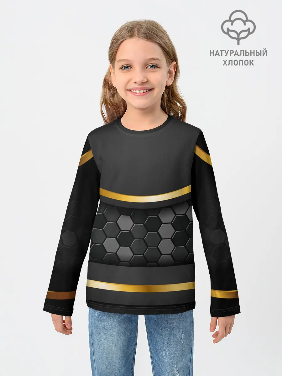 Детский лонгслив / 3D ТЕМНАЯ БРОНЯ С ЗОЛОТОМ