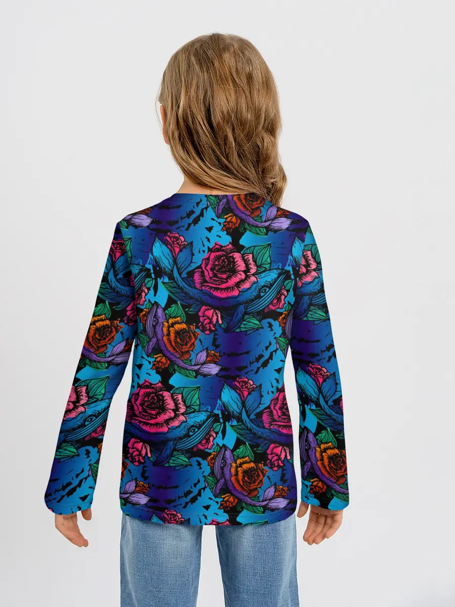 Детский лонгслив / Киты и цветы