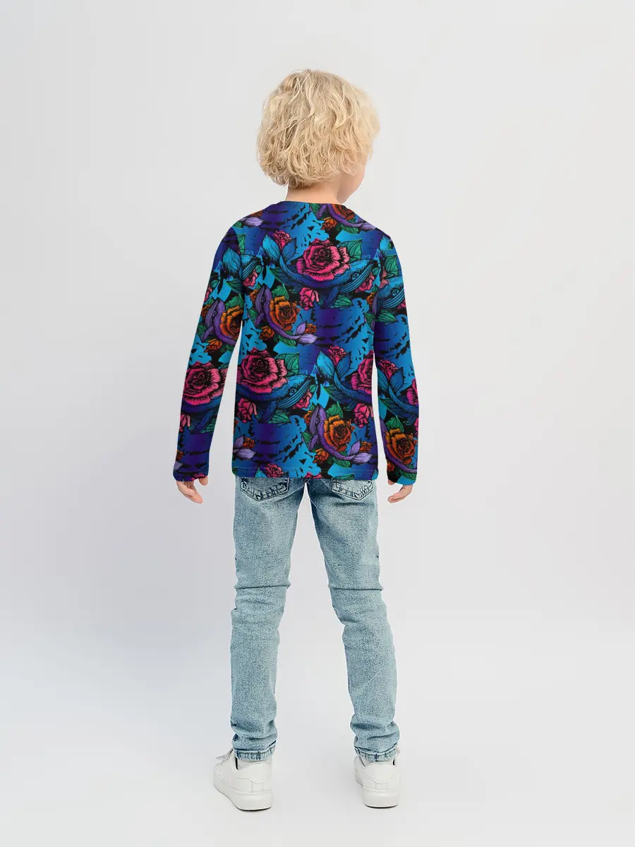 Детский лонгслив / Киты и цветы