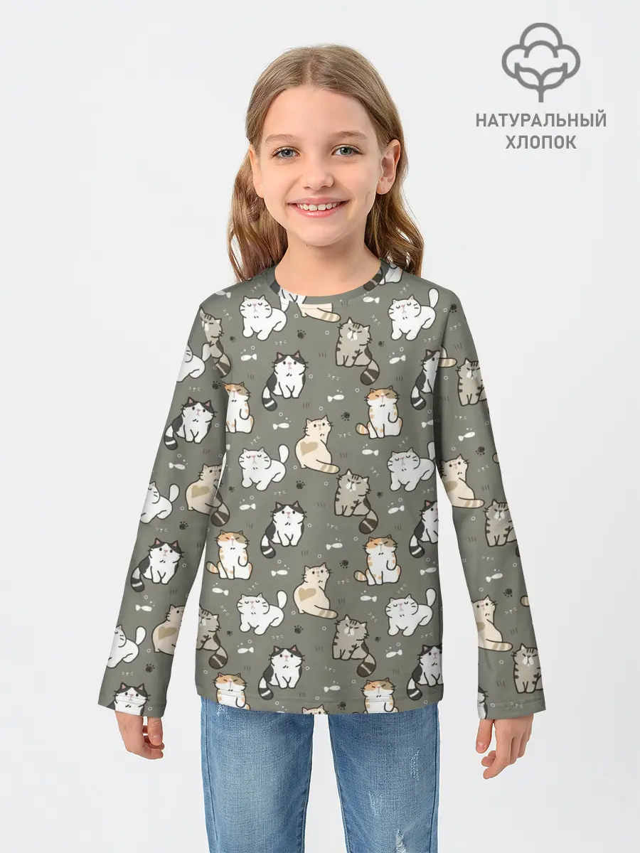 Детский лонгслив / Кошечки с рыбками