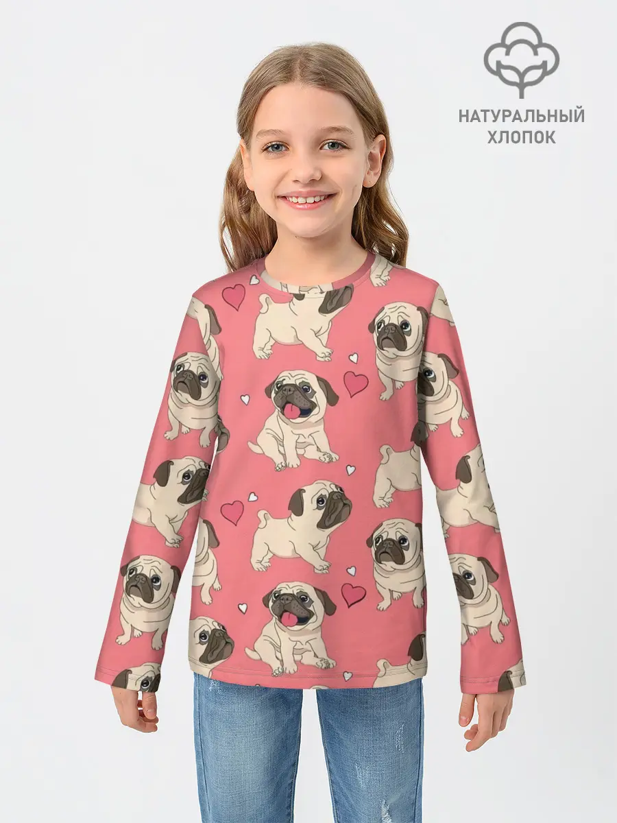 Детский лонгслив / Мопсики и Сердечки