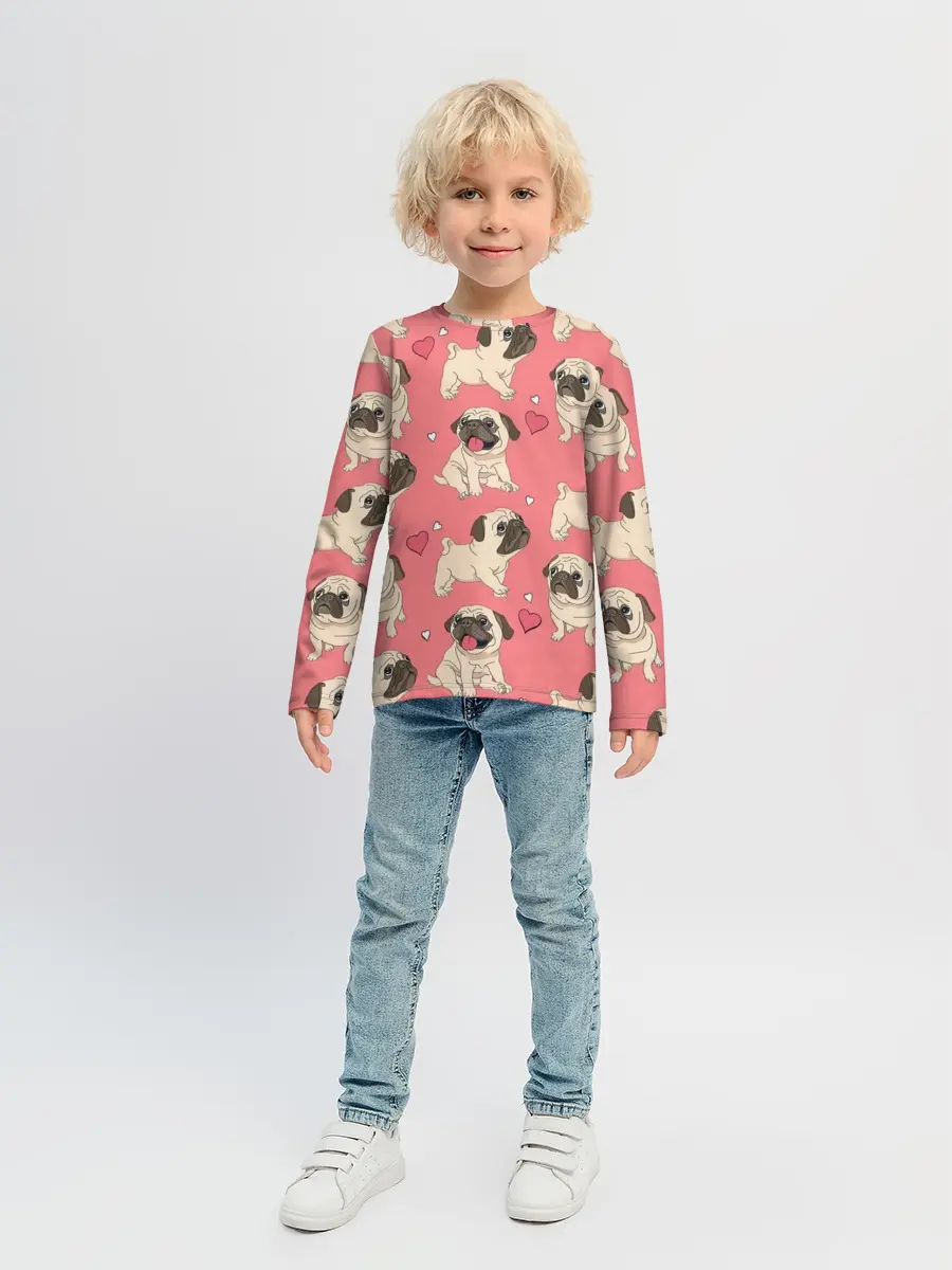 Детский лонгслив / Мопсики и Сердечки
