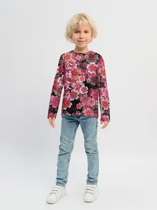 Детский лонгслив / Иероглифы и Сакура 3D