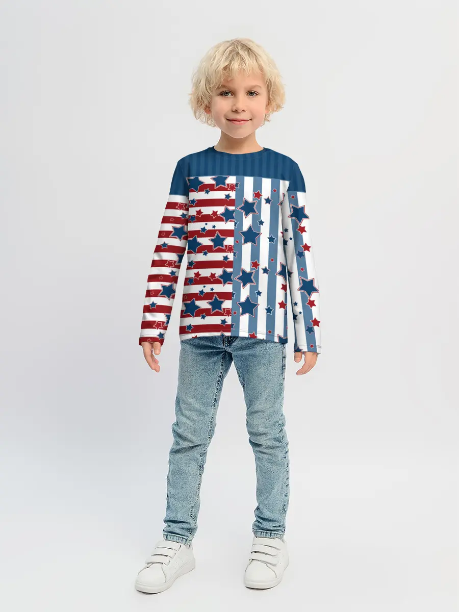 Детский лонгслив / Голубые звезды на полосатом