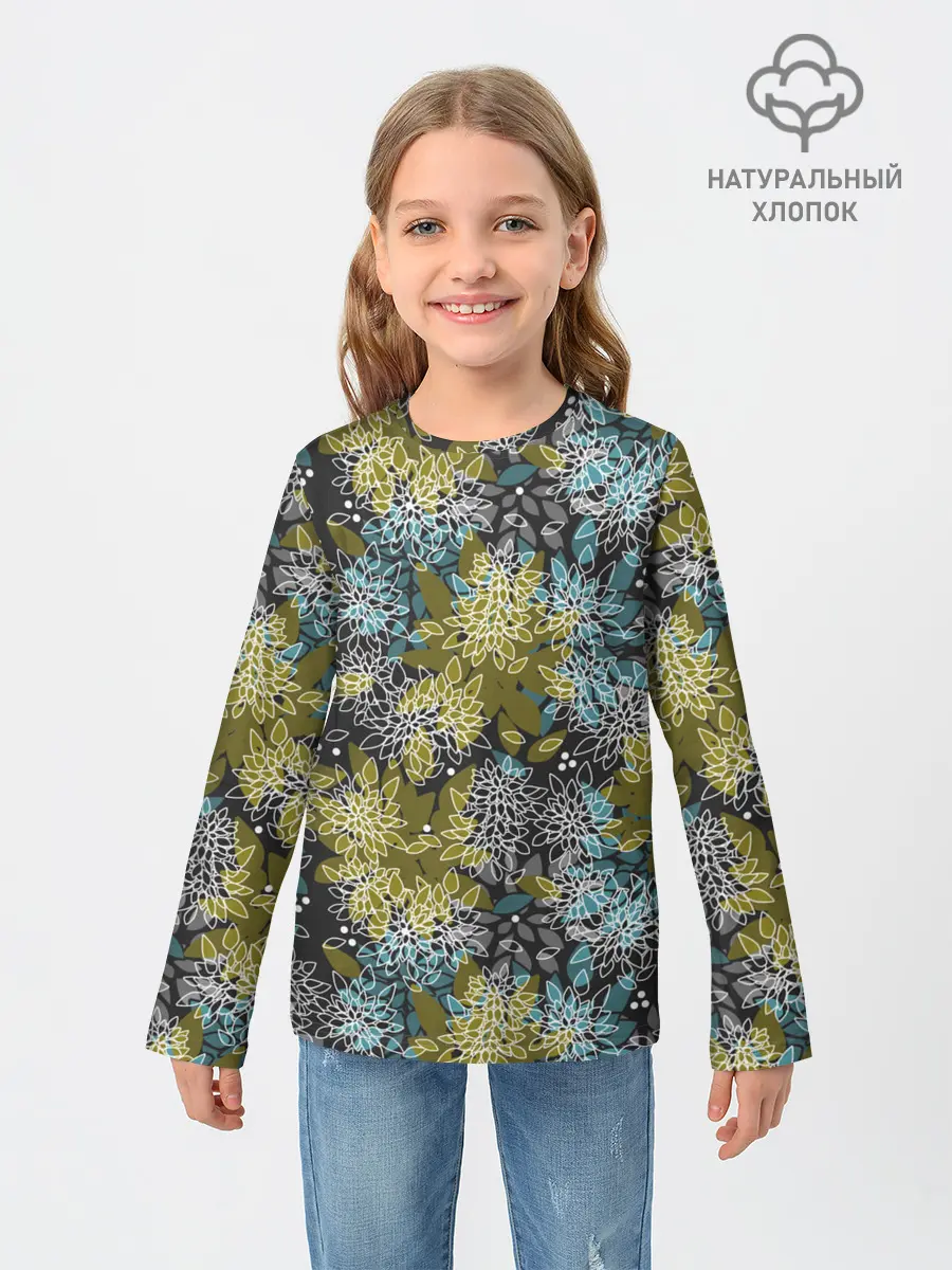 Детский лонгслив / Черно оливковый цветочный
