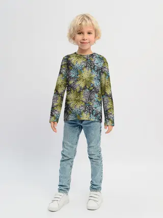 Детский лонгслив / Черно оливковый цветочный