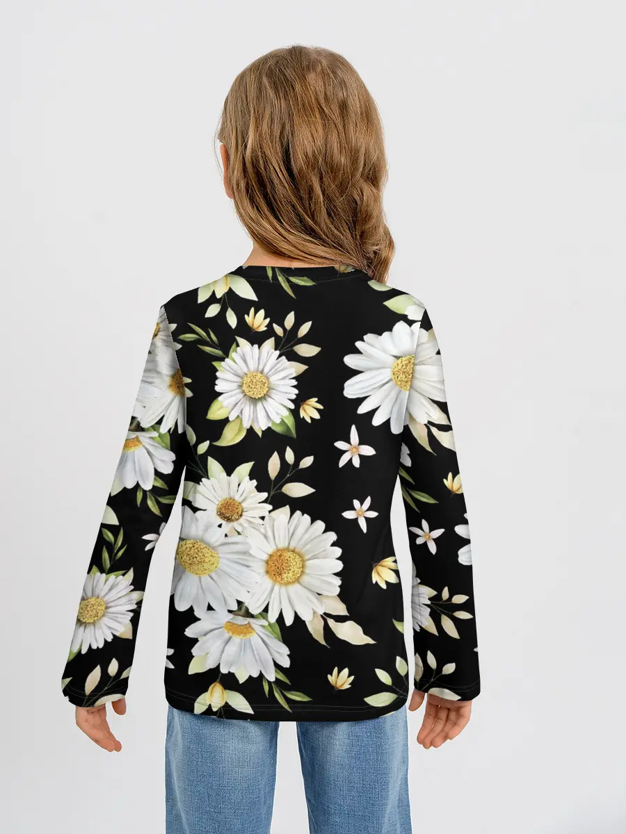 Детский лонгслив / Ромашки на черном фоне