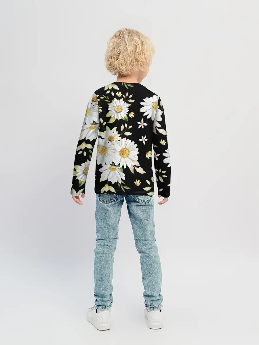 Детский лонгслив / Ромашки на черном фоне