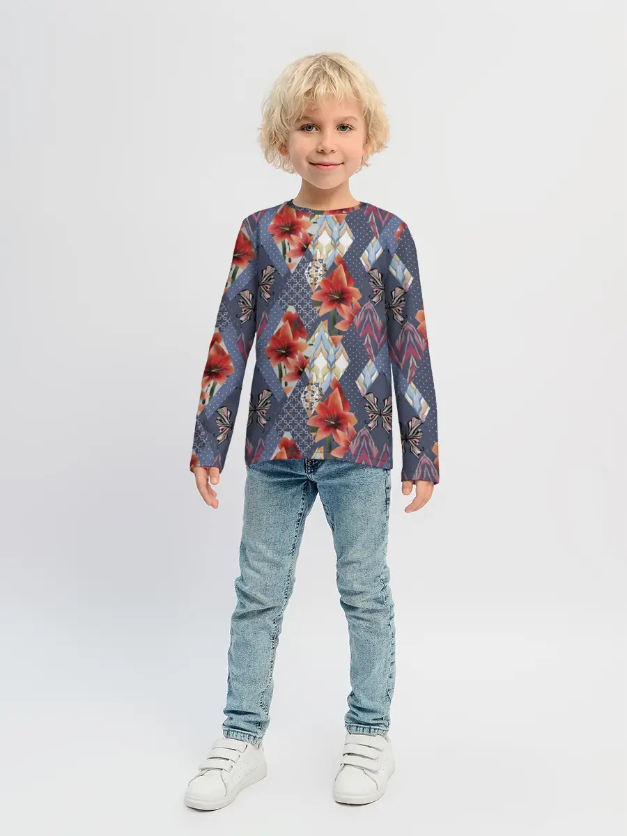 Детский лонгслив / Оранжево-серый пэчворк