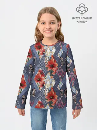 Детский лонгслив / Оранжево-серый пэчворк