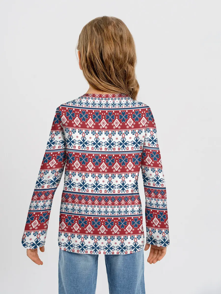 Детский лонгслив / Этнический красно-синий узор