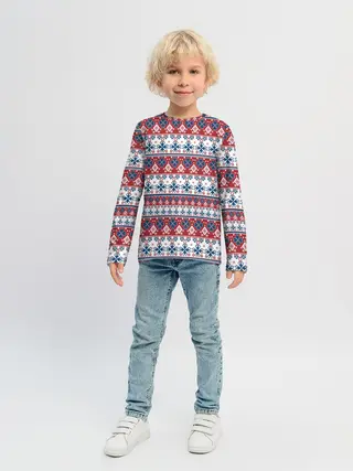 Детский лонгслив / Этнический красно-синий узор