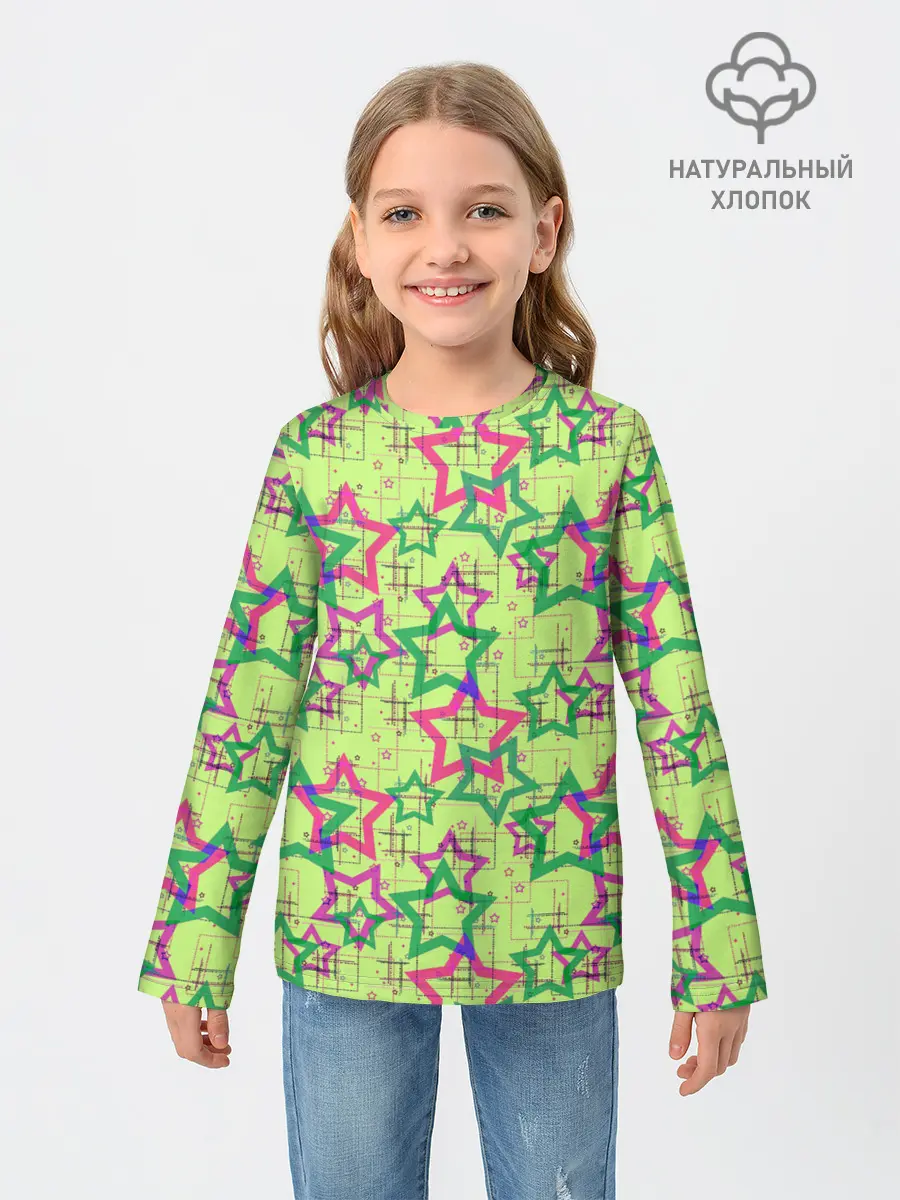 Детский лонгслив / Зеленый узор Звезды