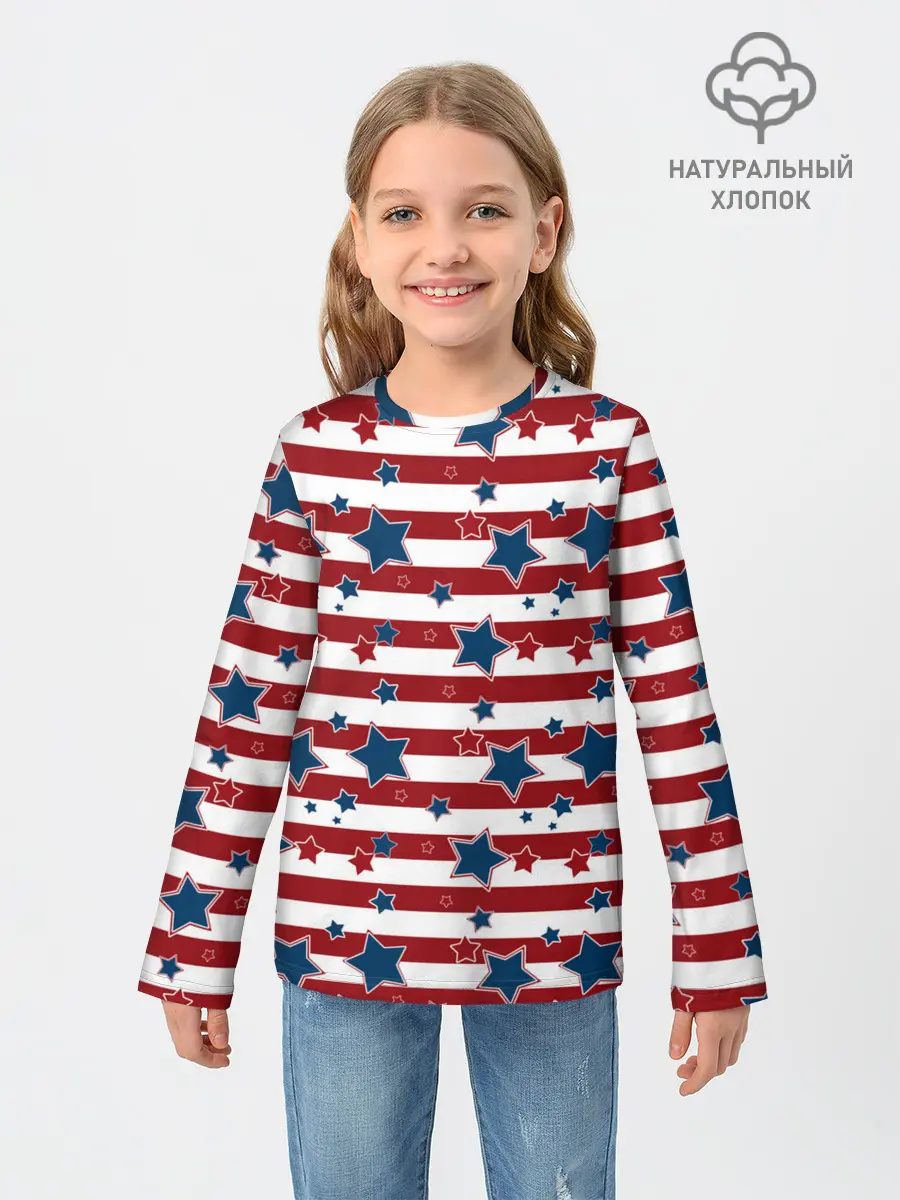Детский лонгслив / Синие звезды на полосатом фоне
