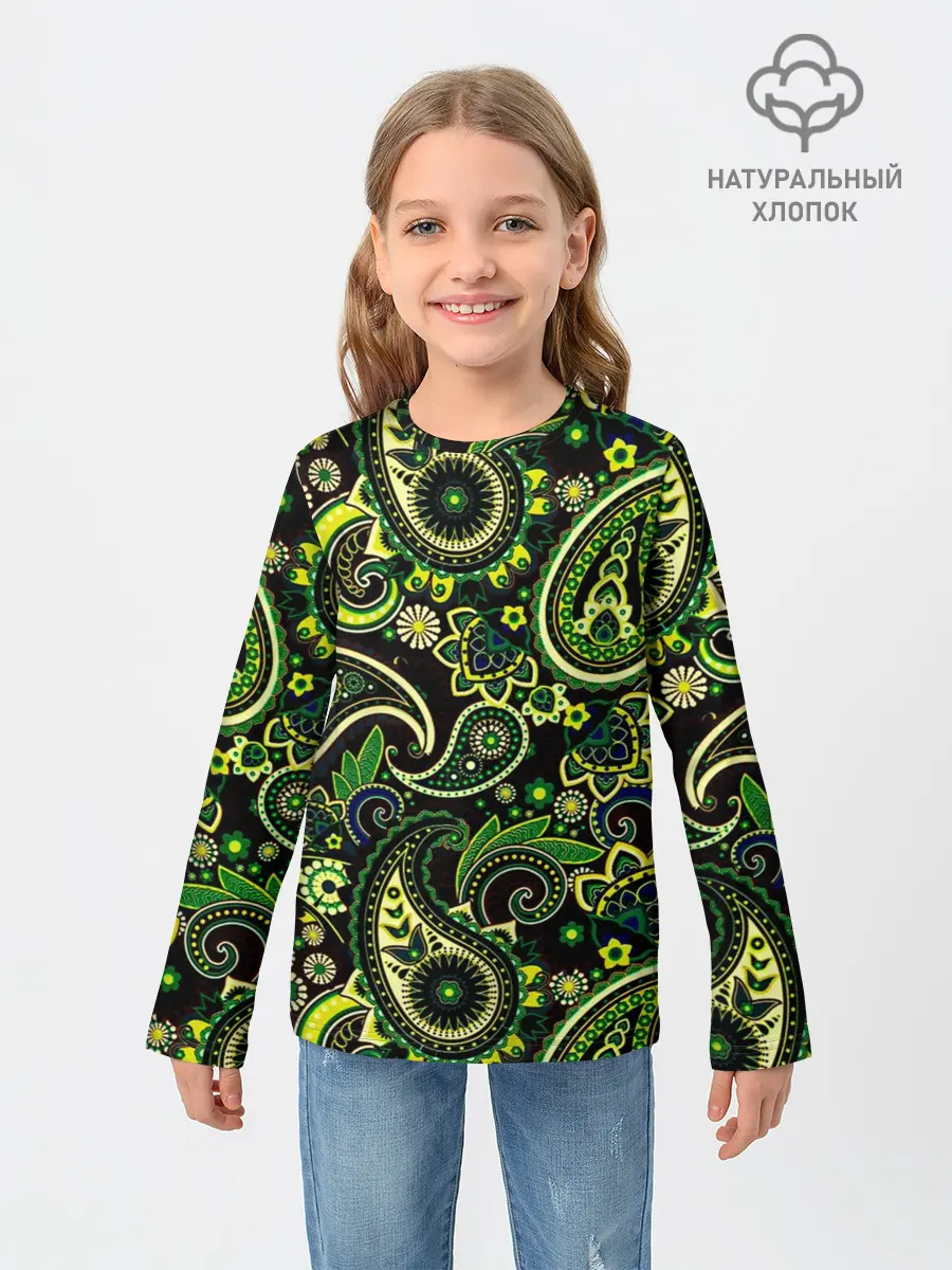 Детский лонгслив / Ярко зеленые славянские узоры