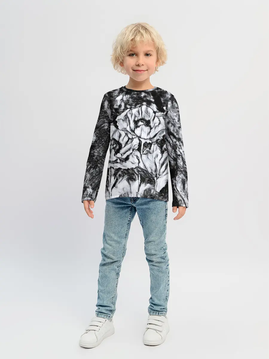 Детский лонгслив / Черно-белый узор. Маки.