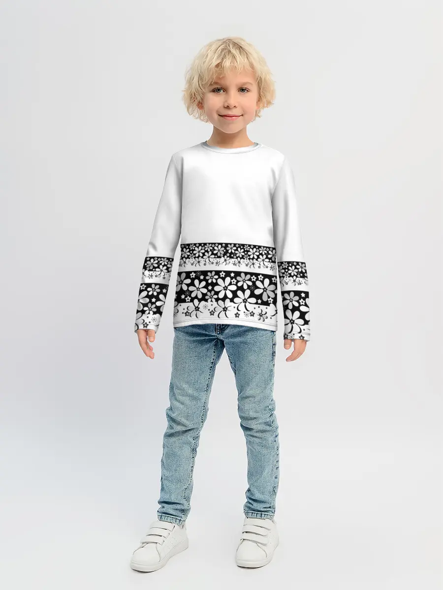 Детский лонгслив / Черно-белый цветочный принт