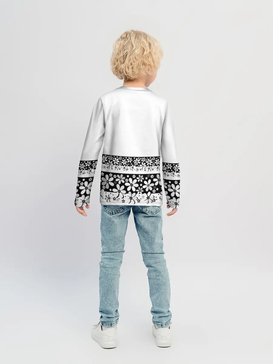Детский лонгслив / Черно-белый цветочный принт