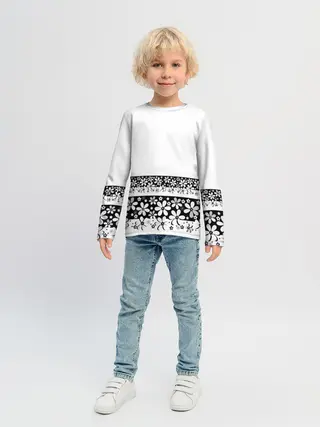 Детский лонгслив / Черно-белый цветочный принт