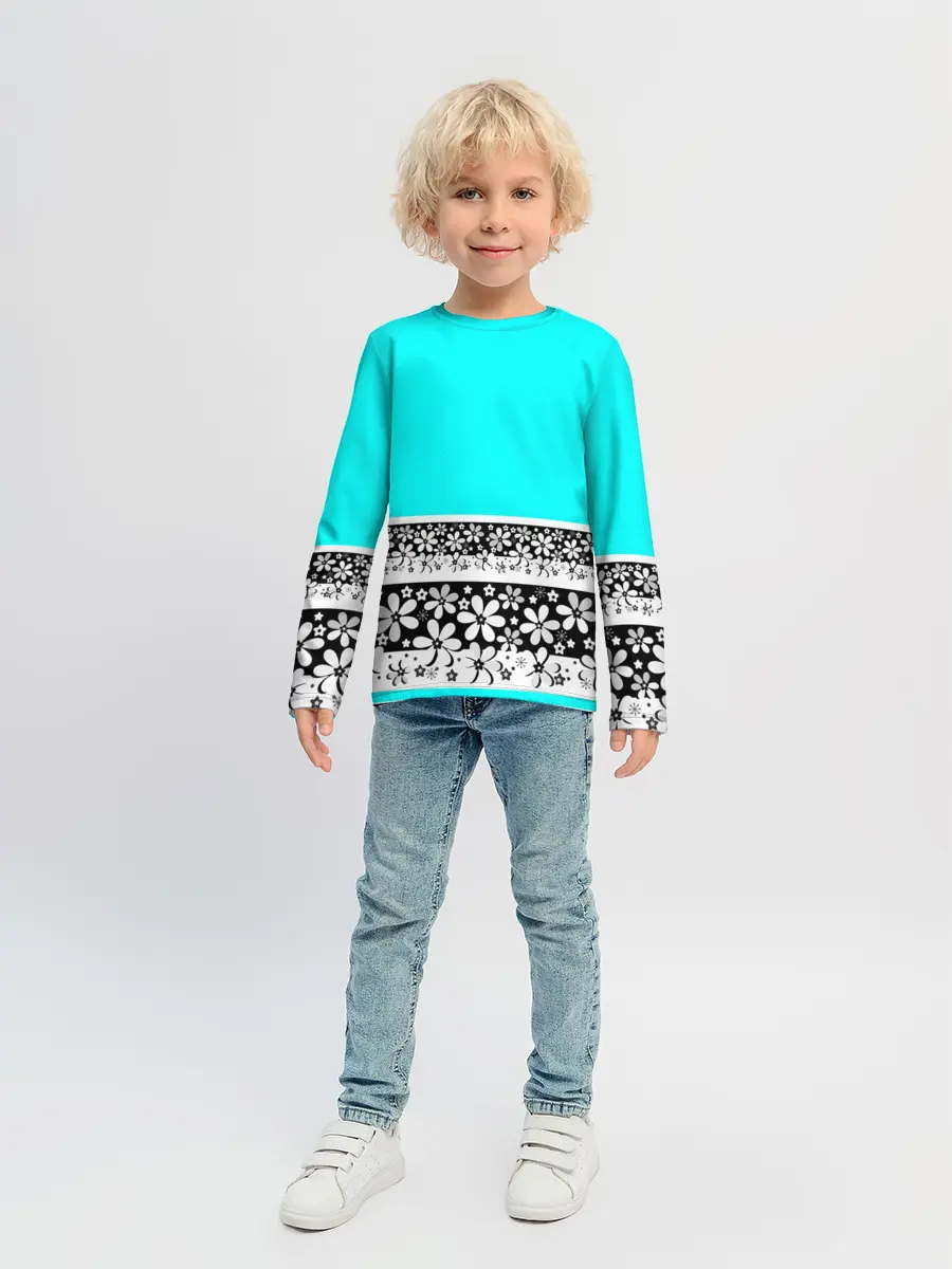 Детский лонгслив / Цветочный бирюзовый узор