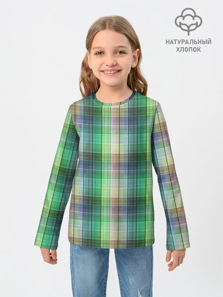 Детский лонгслив / Зеленый клетчатый узор