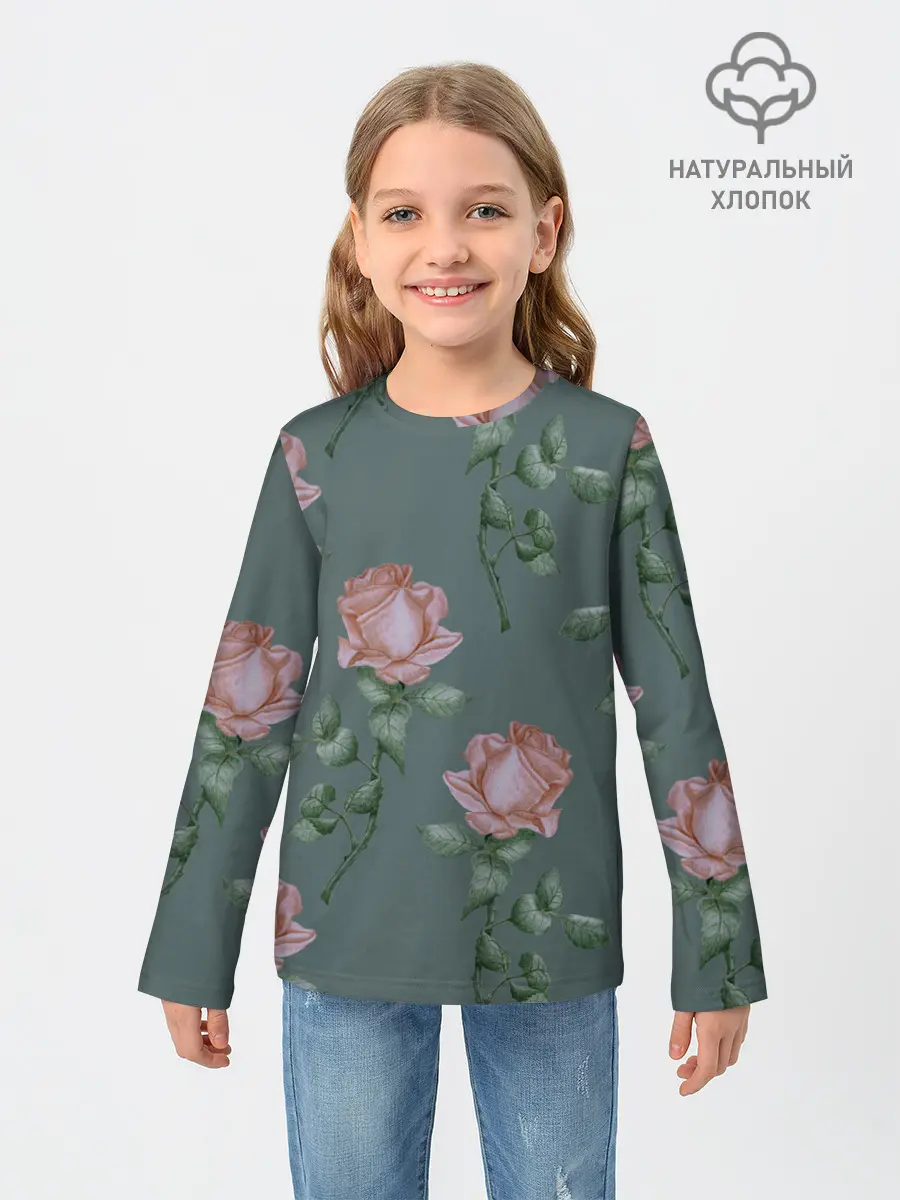 Детский лонгслив / Красные розы на зеленом фоне