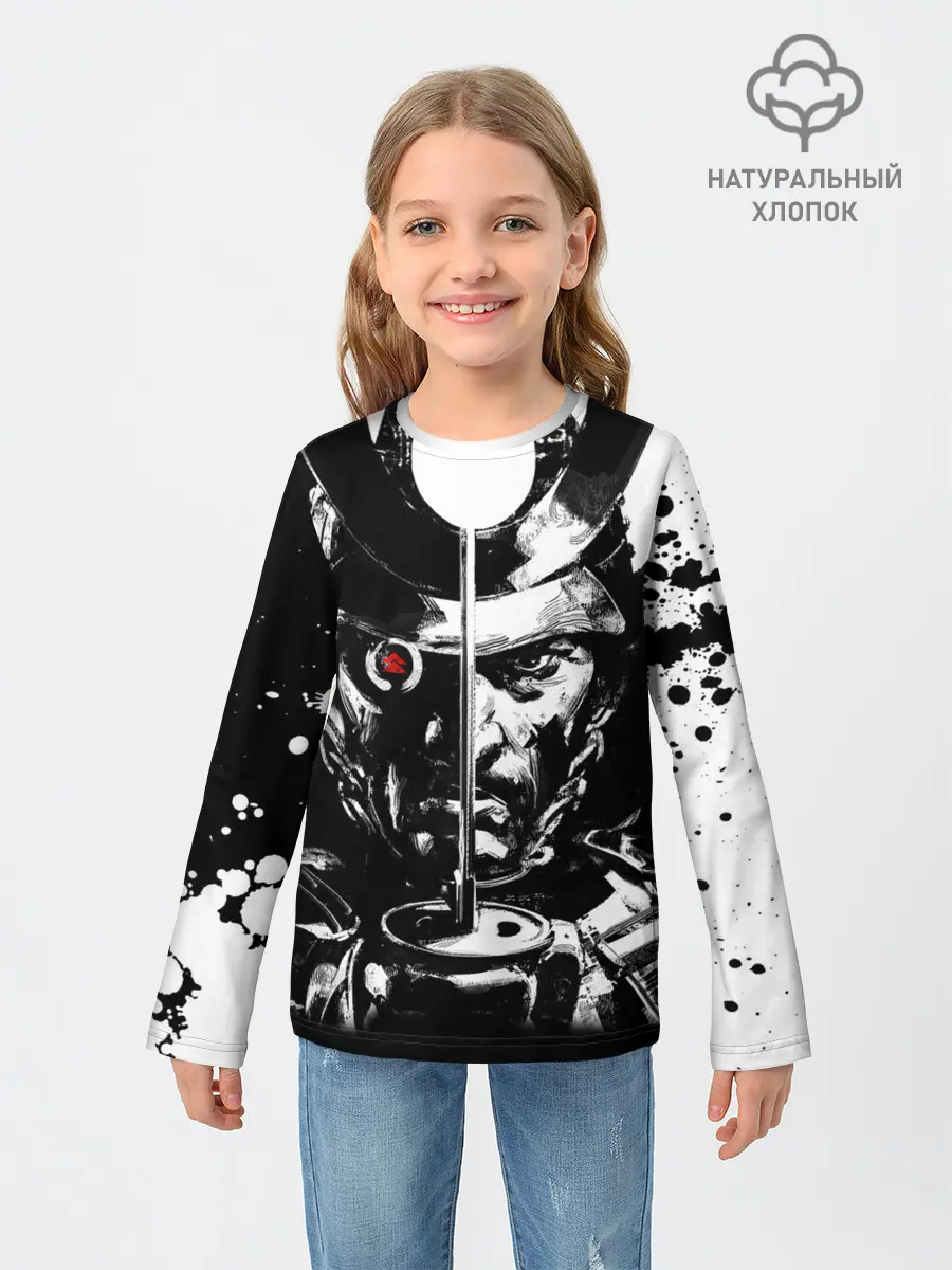 Детский лонгслив / Самурай | ЧБ | Лого