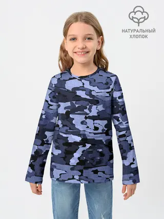 Детский лонгслив / Синий камуфляж в клетку