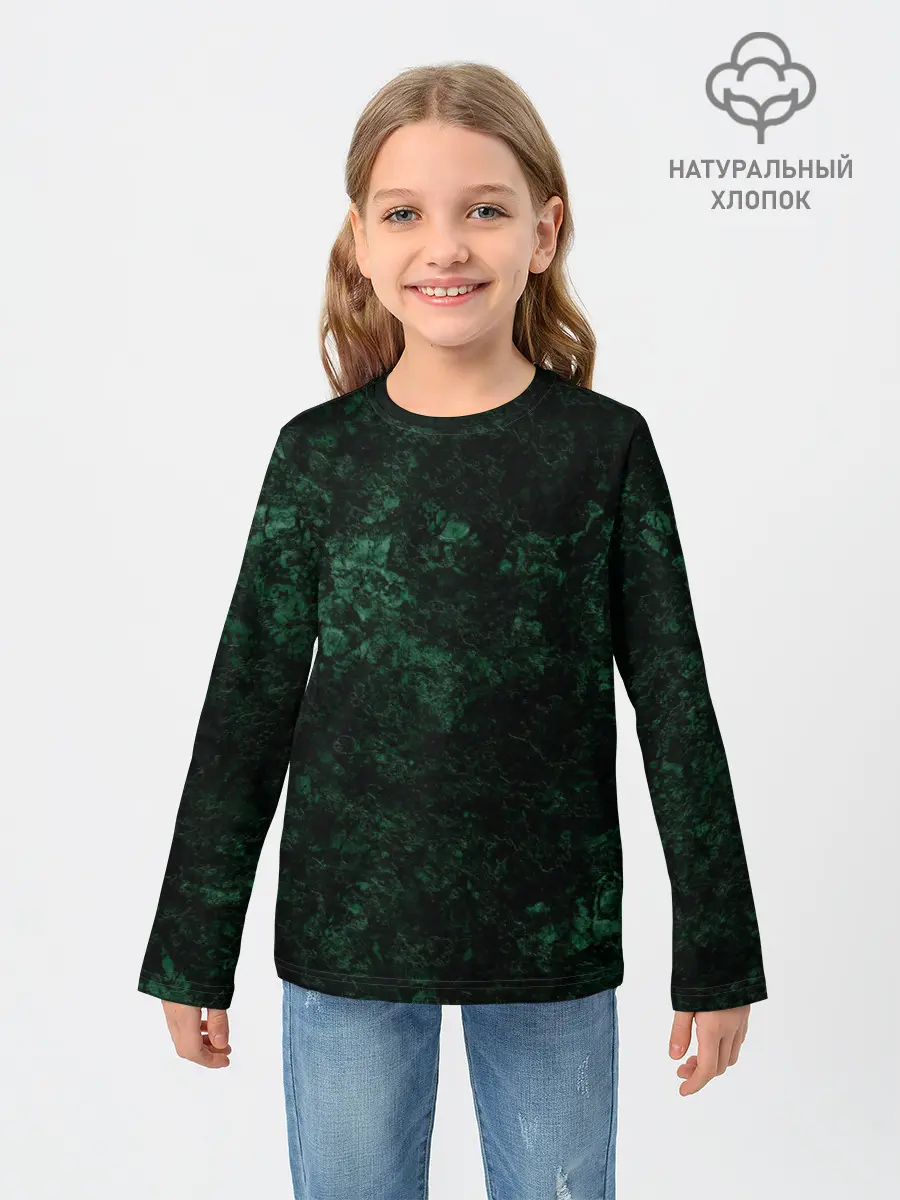 Детский лонгслив / Темно-зеленый мраморный узор