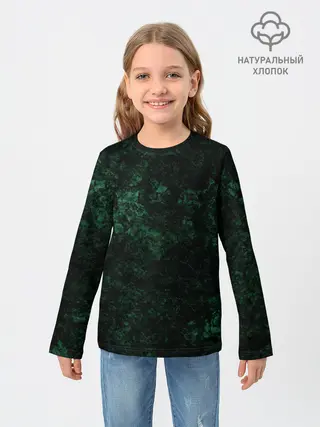 Детский лонгслив / Темно-зеленый мраморный узор
