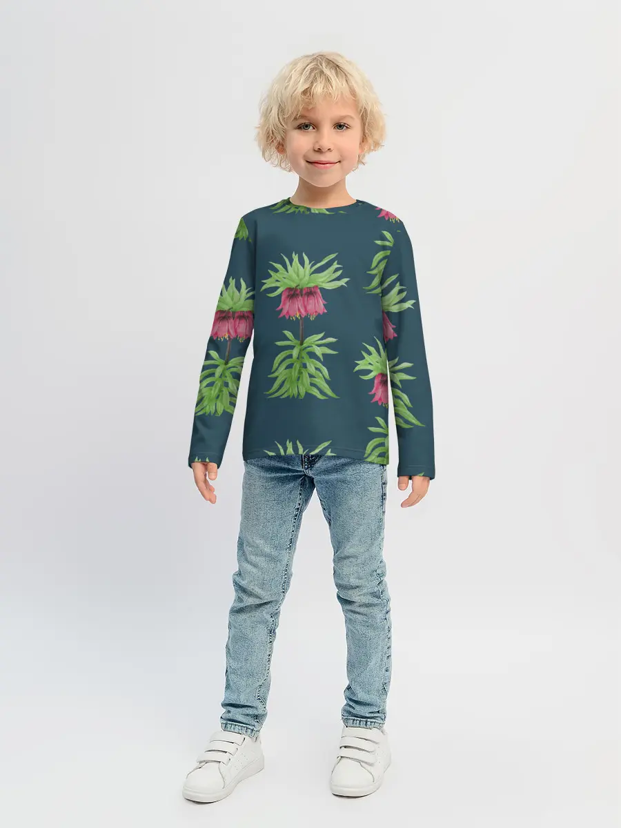 Детский лонгслив / Цветы рябчика на темном фоне