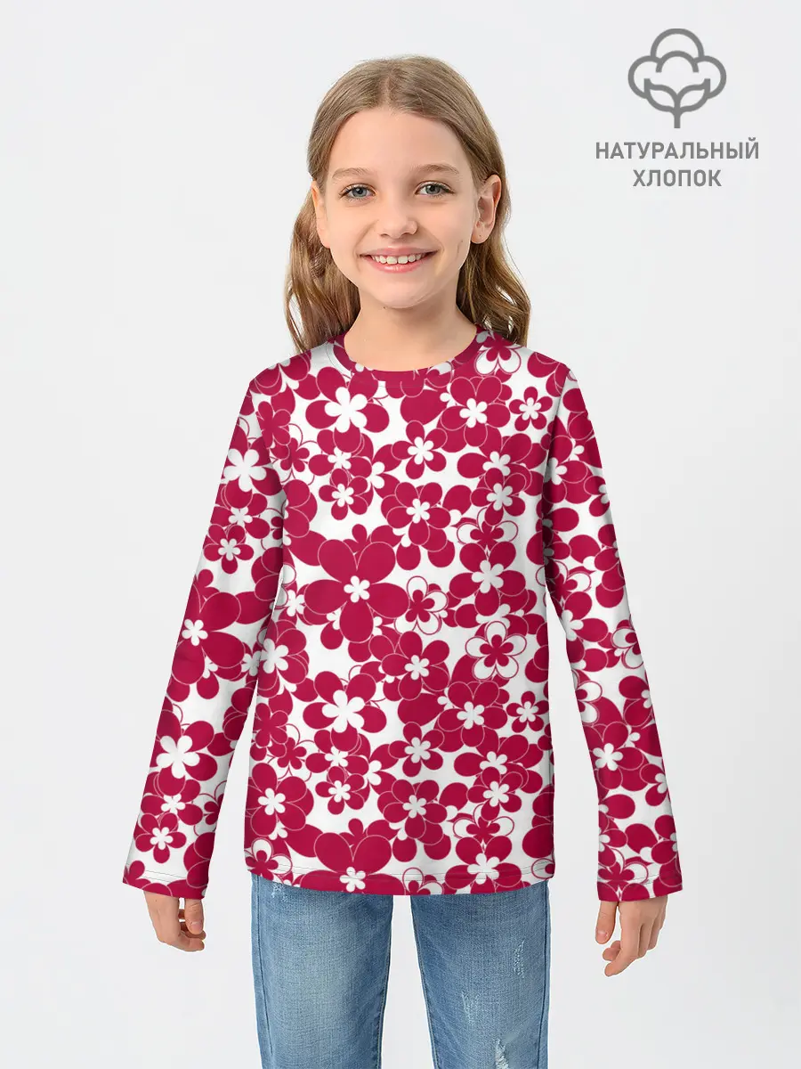 Детский лонгслив / Бело-красный цветочный