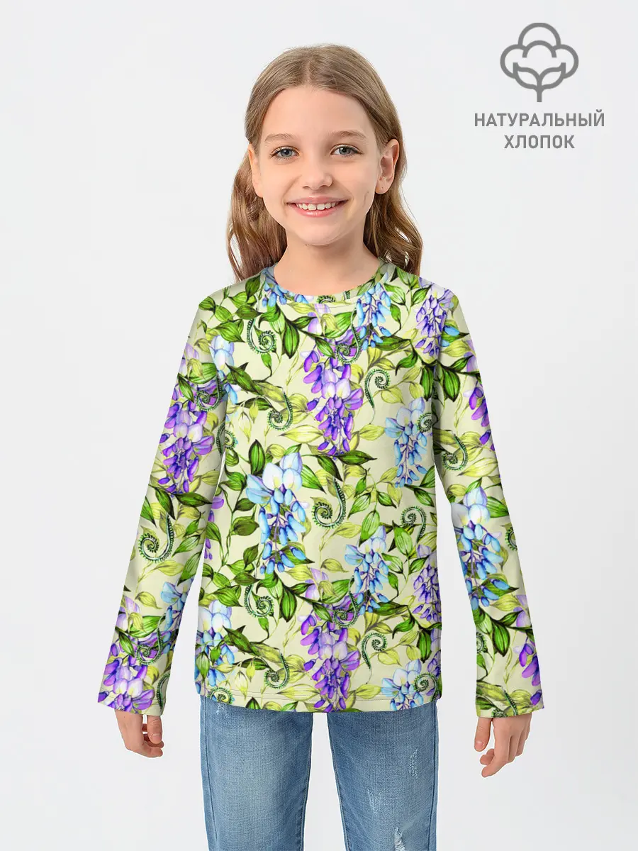 Детский лонгслив / Глициния на бежевом фоне