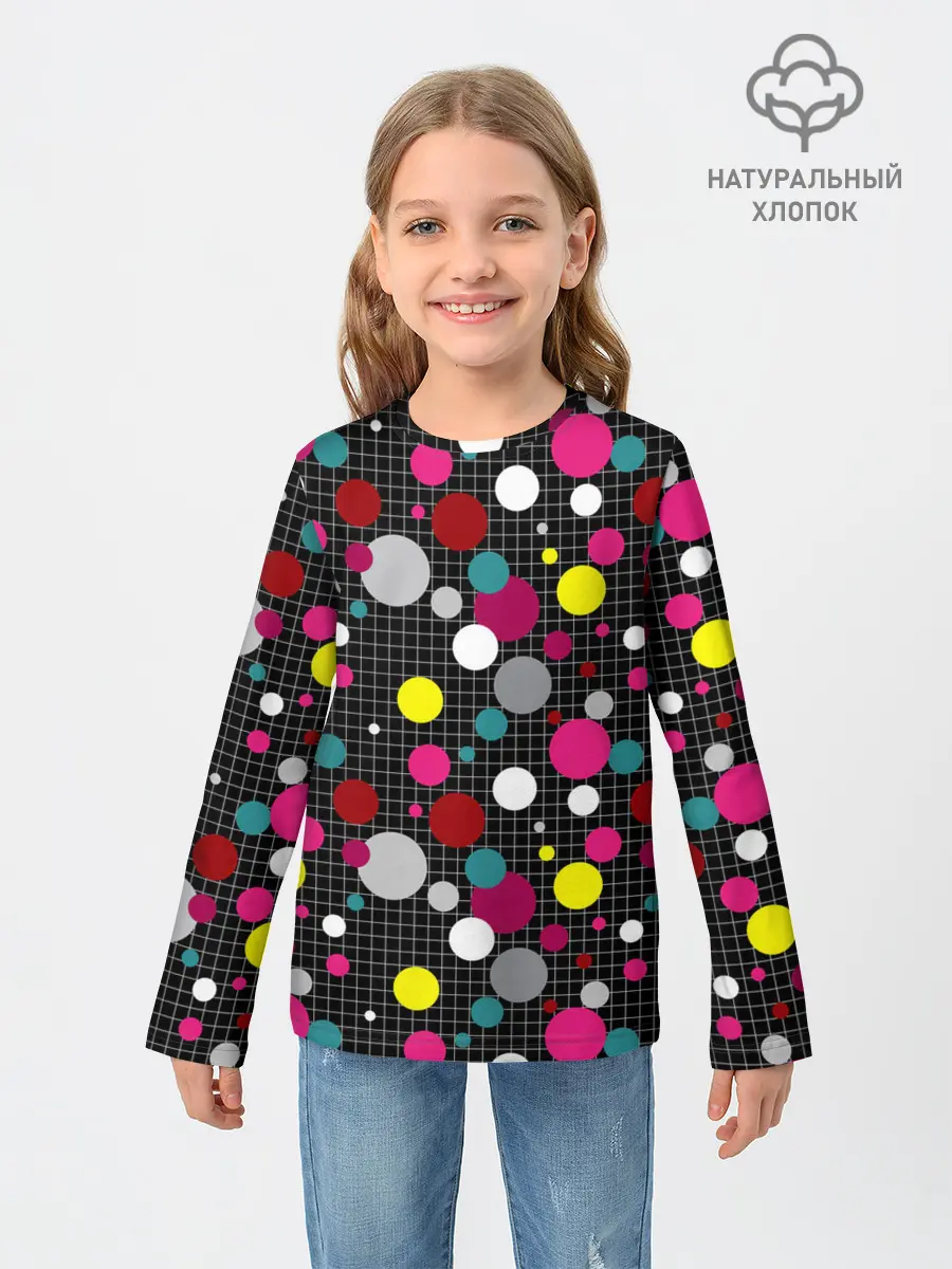Детский лонгслив / Разноцветный горох на черном