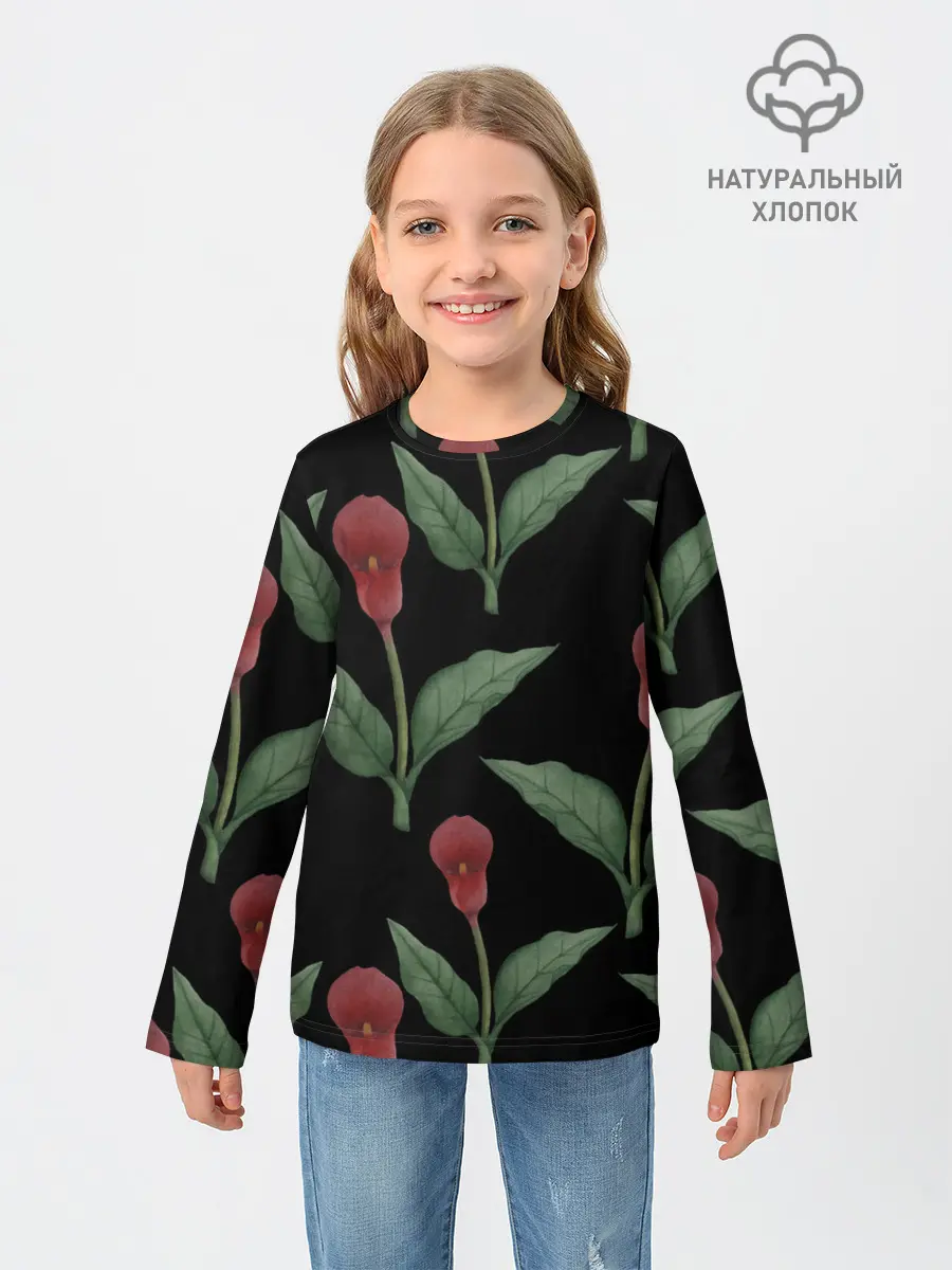 Детский лонгслив / Красные каллы на черном