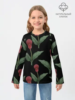 Детский лонгслив / Красные каллы на черном