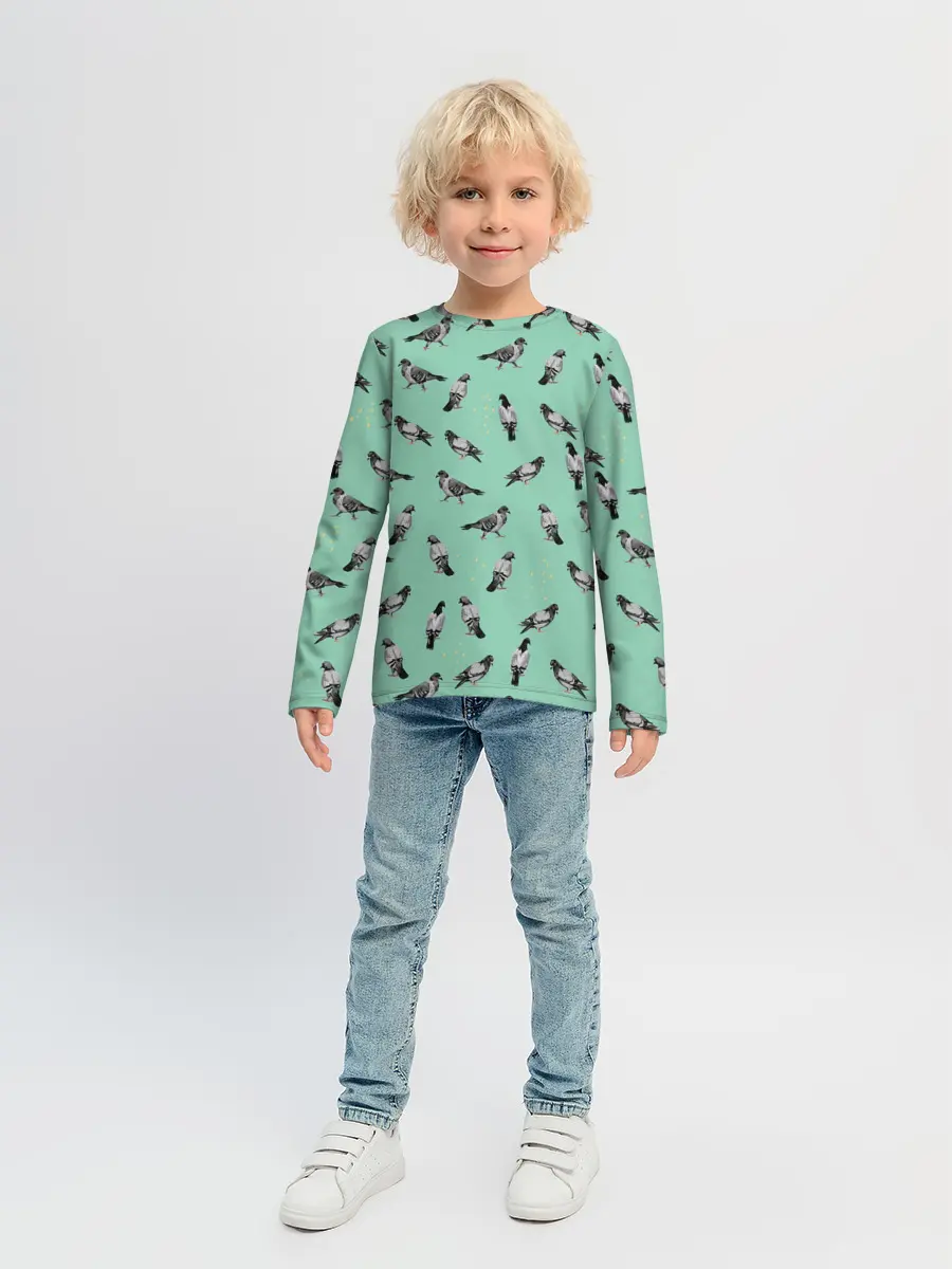 Детский лонгслив / Голуби на зеленом