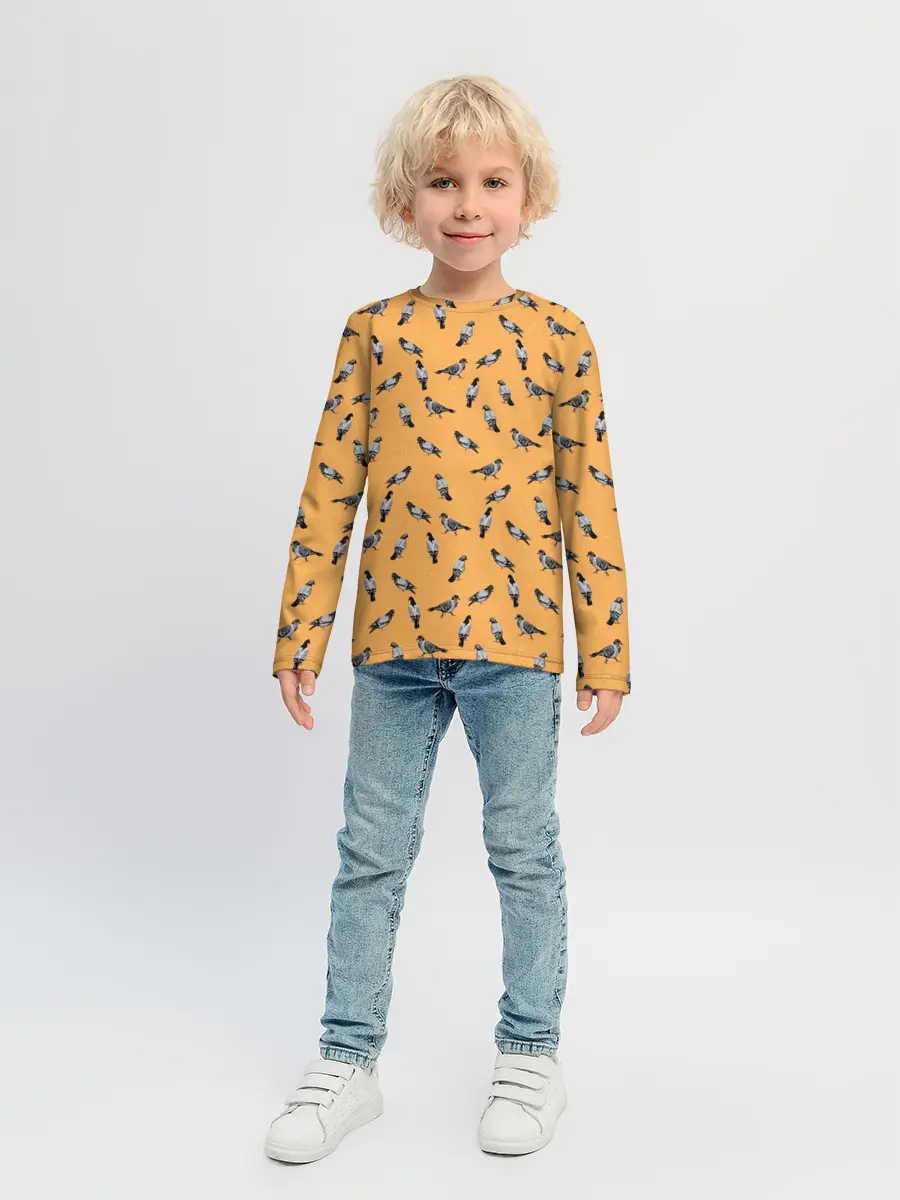 Детский лонгслив / Голуби паттерн на желтом
