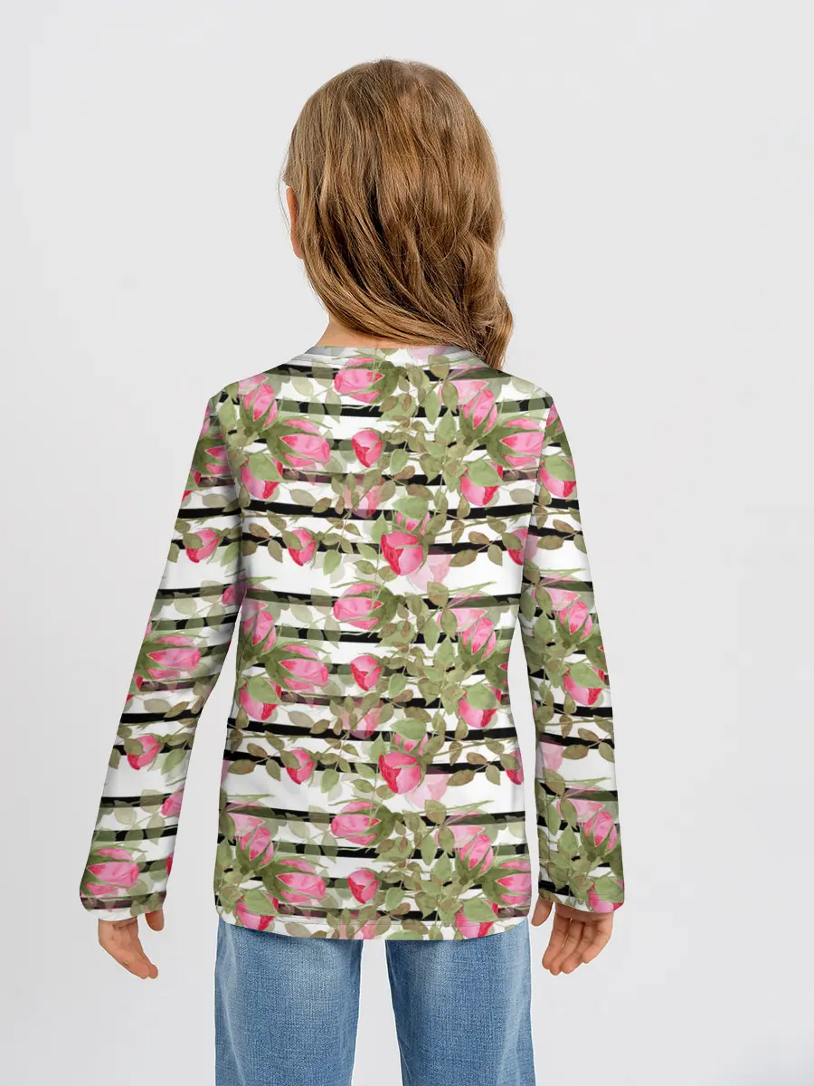 Детский лонгслив / Акварельные розы на полосатом