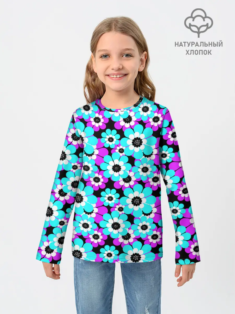 Детский лонгслив / Яркие бирюзовые цветы