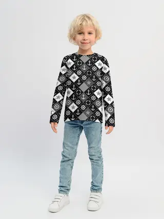 Детский лонгслив / Черно-белый морской плед