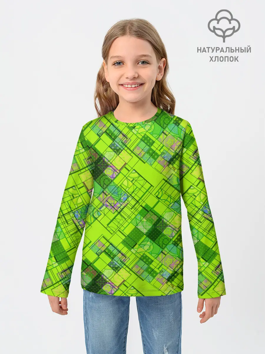 Детский лонгслив / Ярко-зеленый абстрактный узор
