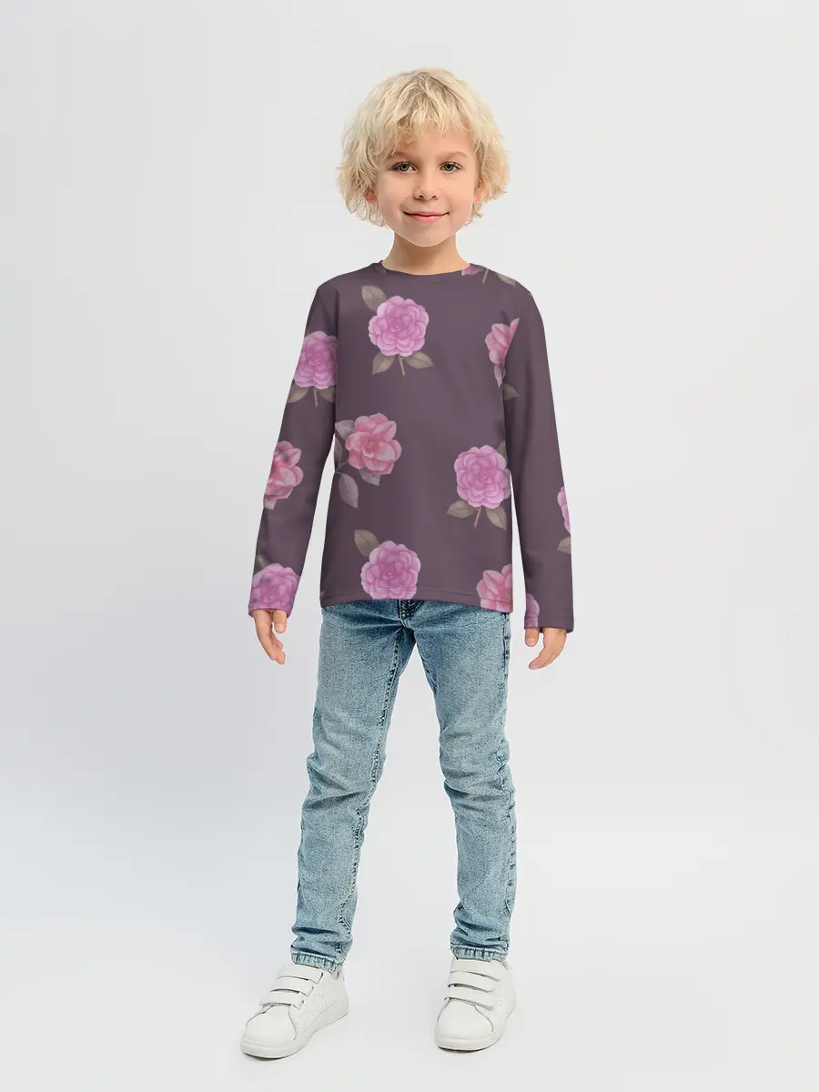 Детский лонгслив / Камелии на вишневом фоне