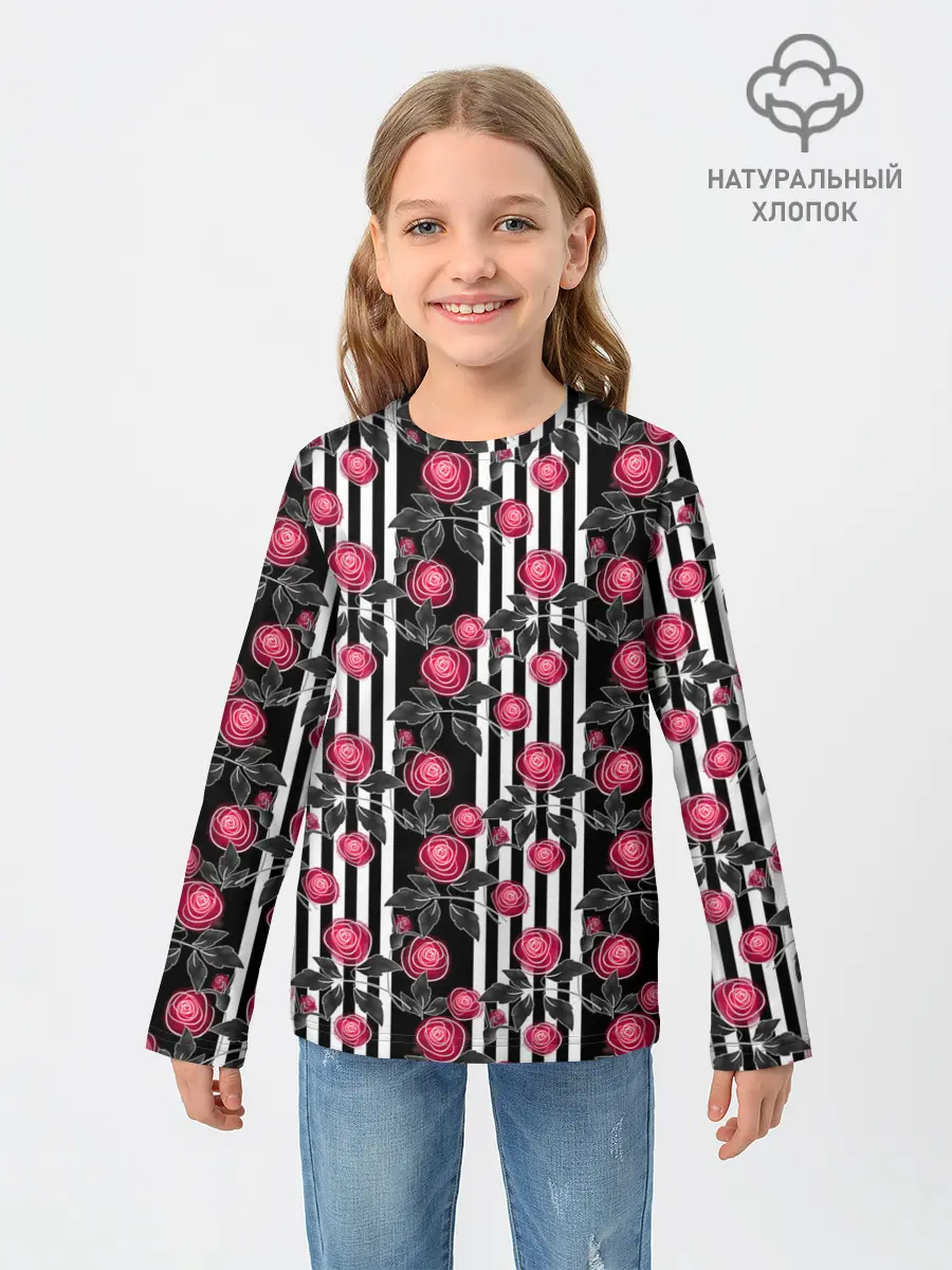 Детский лонгслив / акварельные розы на полосатом